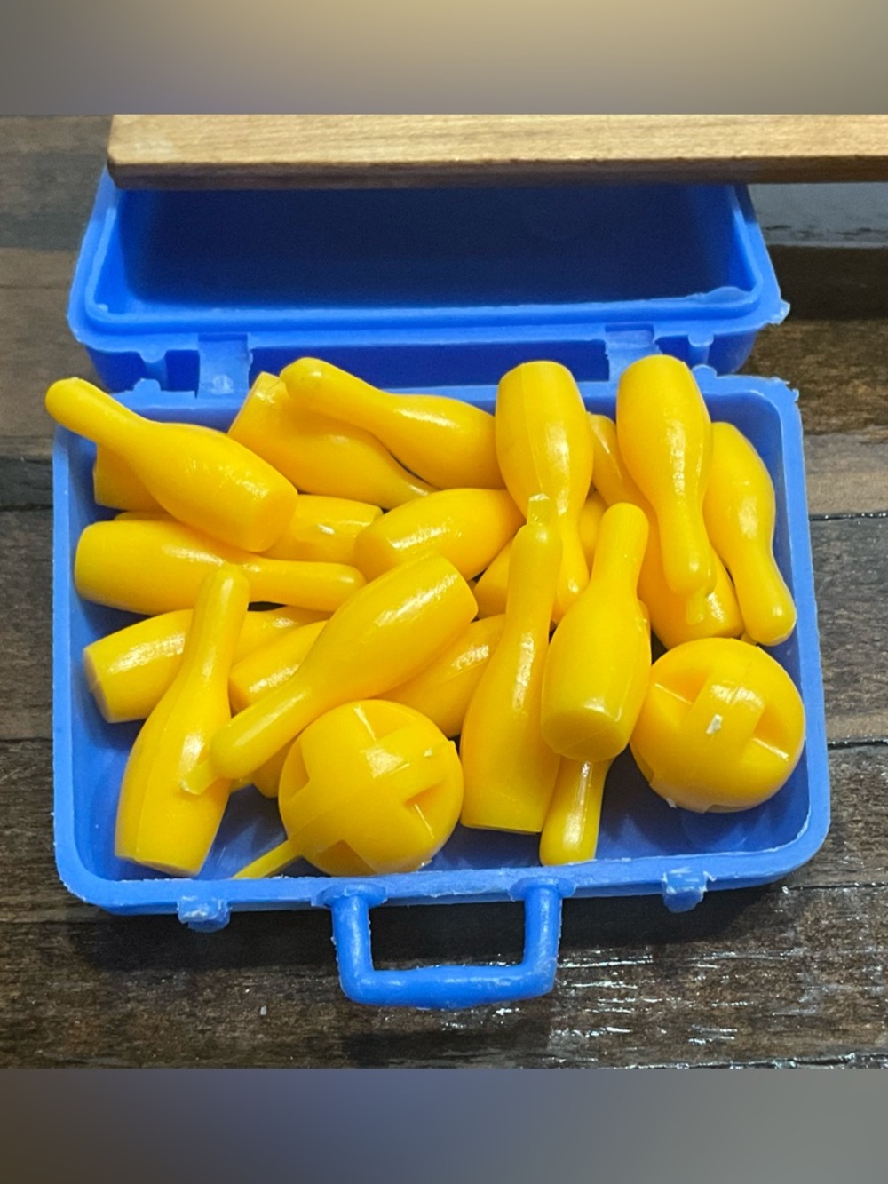 Vintage Blue Miniature Plastic Carrying Case with Yellow Bowling Pins and Balls